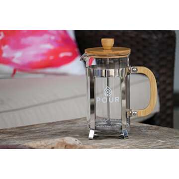 Pour French Press Coffee Maker, Thick Borosilicate Glass, Bamboo Lid, and Stainless Steel Filter, Ec...