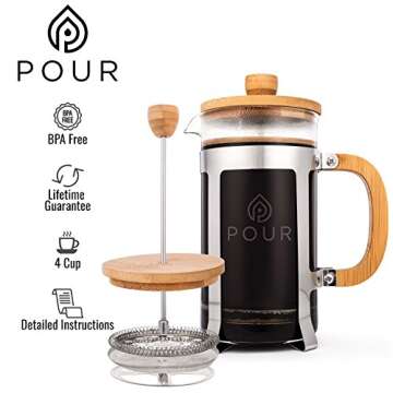 Pour French Press Coffee Maker, Thick Borosilicate Glass, Bamboo Lid, and Stainless Steel Filter, Eco-Friendly Coffee Brewing – Dishwasher Safe - For Grounds and Loose Tea 36oz./1000M