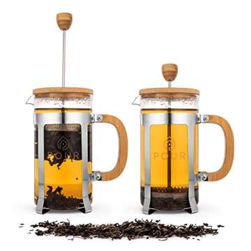 Pour French Press Coffee Maker, Thick Borosilicate Glass, Bamboo Lid, and Stainless Steel Filter, Eco-Friendly Coffee Brewing – Dishwasher Safe - For Grounds and Loose Tea 36oz./1000M