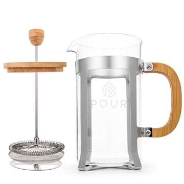 Pour French Press Coffee Maker, Thick Borosilicate Glass, Bamboo Lid, and Stainless Steel Filter, Eco-Friendly Coffee Brewing – Dishwasher Safe - For Grounds and Loose Tea 36oz./1000M