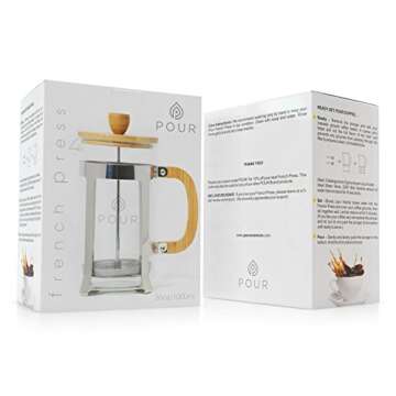 Pour French Press Coffee Maker, Thick Borosilicate Glass, Bamboo Lid, and Stainless Steel Filter, Eco-Friendly Coffee Brewing – Dishwasher Safe - For Grounds and Loose Tea 36oz./1000M