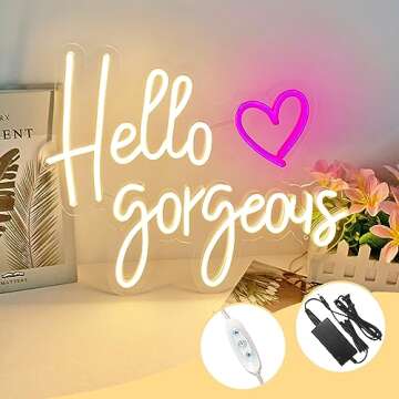Large Hello Gorgeous Neon Signs for Girl's Bedroom, Romantic Led Neon Sign for Wall Decor Birthday Wedding Partys,Gifts 16.7x12.3 IN by Colysor Warm White(Power Adapter Included)
