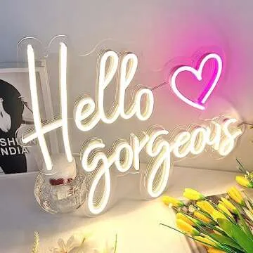 Large Hello Gorgeous Neon Signs for Girl's Bedroom, Romantic Led Neon Sign for Wall Decor Birthday Wedding Partys,Gifts 16.7x12.3 IN by Colysor Warm White(Power Adapter Included)