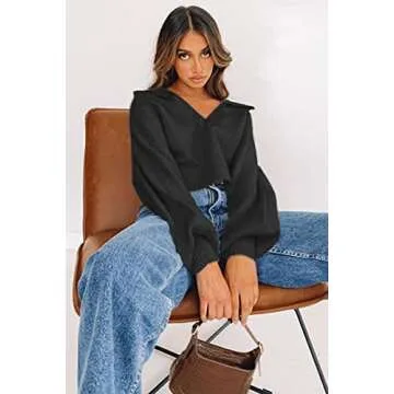 CHYRII Women's Polo V Neck Puff Long Sleeve Oversized Chunky Knitted Sweater Tops Black L