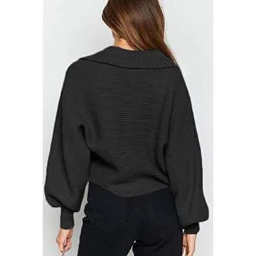 CHYRII Women's Polo V Neck Puff Long Sleeve Oversized Chunky Knitted Sweater Tops Black L