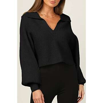 CHYRII Women's Polo V Neck Puff Long Sleeve Oversized Chunky Knitted Sweater Tops Black L