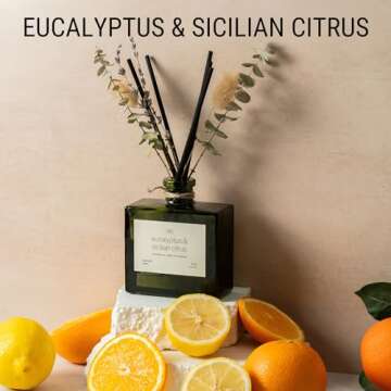 Craft & Kin Reed Diffuser with Dried Flowers | 5 oz Sicilian Citrus & Eucalyptus Scented Reed Diffus...