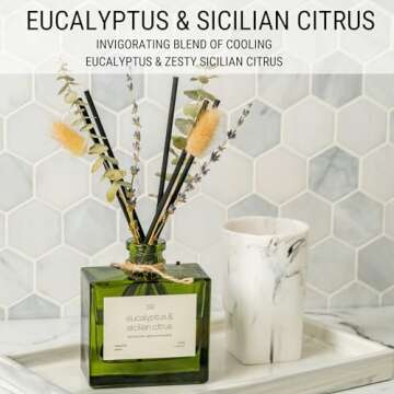 Craft & Kin Reed Diffuser with Dried Flowers | 5 oz Sicilian Citrus & Eucalyptus Scented Reed Diffusers for Home, Bathroom | Scent Sticks | Elegant Fragrance Home Decor for Men & Women