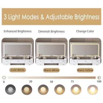 JassmiPkwy Makeup Vanity Desk with Mirror - 46 INCH Glass Tabletop Vanity Table with Lights, Drawers...