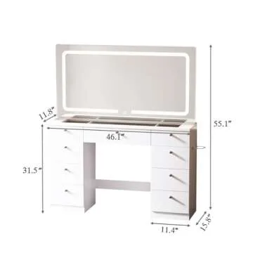 JassmiPkwy Makeup Vanity Desk with Mirror - 46 INCH Glass Tabletop Vanity Table with Lights, Drawers, Power Outlet, Large Storage Desk for Bedroom, White