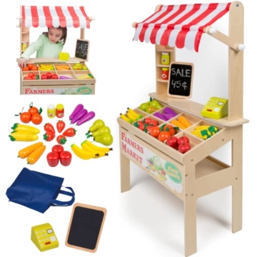 Wooden Farmers Market Stand Toy- 30+ Food PCs Include Fruit Veggies Chalkboard & Cash Register- Pret...