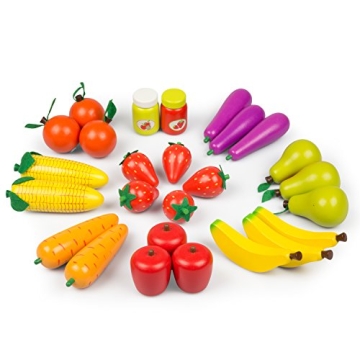 Wooden Farmers Market Stand Toy- 30+ Food PCs Include Fruit Veggies Chalkboard & Cash Register- Pretend Role Play, Fun Indoor Natural Wood Grocery Set- Playroom Daycare Activity Center- Kids Gift