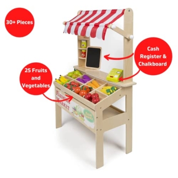 Wooden Farmers Market Stand Toy- 30+ Food PCs Include Fruit Veggies Chalkboard & Cash Register- Pretend Role Play, Fun Indoor Natural Wood Grocery Set- Playroom Daycare Activity Center- Kids Gift