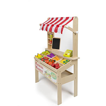 Wooden Farmers Market Stand Toy- 30+ Food PCs Include Fruit Veggies Chalkboard & Cash Register- Pretend Role Play, Fun Indoor Natural Wood Grocery Set- Playroom Daycare Activity Center- Kids Gift
