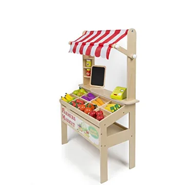 Wooden Farmers Market Stand Toy- 30+ Food PCs Include Fruit Veggies Chalkboard & Cash Register- Pretend Role Play, Fun Indoor Natural Wood Grocery Set- Playroom Daycare Activity Center- Kids Gift