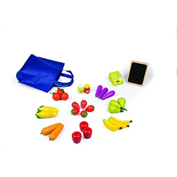 Wooden Farmers Market Stand Toy- 30+ Food PCs Include Fruit Veggies Chalkboard & Cash Register- Pretend Role Play, Fun Indoor Natural Wood Grocery Set- Playroom Daycare Activity Center- Kids Gift