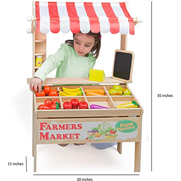 Wooden Farmers Market Stand Toy- 30+ Food PCs Include Fruit Veggies Chalkboard & Cash Register- Pretend Role Play, Fun Indoor Natural Wood Grocery Set- Playroom Daycare Activity Center- Kids Gift