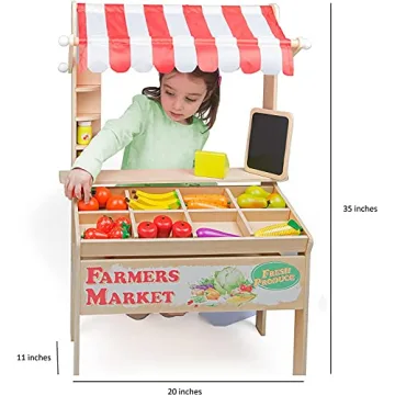 Wooden Farmers Market Stand Toy- 30+ Food PCs Include Fruit Veggies Chalkboard & Cash Register- Pretend Role Play, Fun Indoor Natural Wood Grocery Set- Playroom Daycare Activity Center- Kids Gift