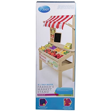 Wooden Farmers Market Stand Toy- 30+ Food PCs Include Fruit Veggies Chalkboard & Cash Register- Pretend Role Play, Fun Indoor Natural Wood Grocery Set- Playroom Daycare Activity Center- Kids Gift