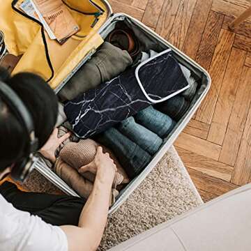 Heat Resistant Neoprene Curling Iron Cover Bag, Universal Curling Iron Cover Sleeve, Flat Iron Curling Wand Travel Case Pouch for Travel, Gym, or Home, 15 x 5 Inches (Black Marble Pattern)