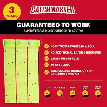 Catchmaster Giant Fly Glue Trap 3-Pack 30 Feet Each, Adhesive Fly Traps Outdoor, Sticky Bug Catcher, Bulk Flying Insect Paper Roll, Pet Safe Pest Control for Garage, Barn, Greenhouse & Garbage Room