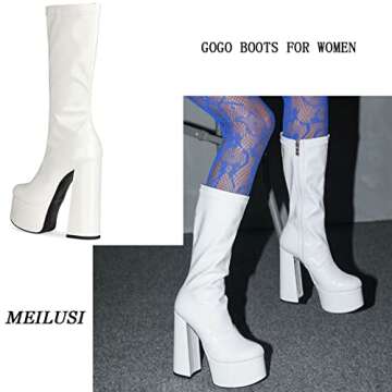 MeiLuSi GO GO Boots Knee High Boots for Women White Heels Disco Boots 70s Platform Boots Wide Calf B...