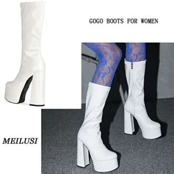MeiLuSi GO GO Boots Knee High Boots for Women White Heels Disco Boots 70s Platform Boots Wide Calf B...