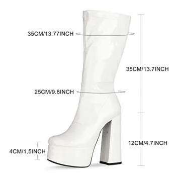 MeiLuSi GO GO Boots Knee High Boots for Women White Heels Disco Boots 70s Platform Boots Wide Calf Booties Costume Halloween Dress Shoes Size 7