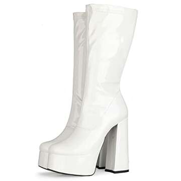 MeiLuSi GO GO Boots Knee High Boots for Women White Heels Disco Boots 70s Platform Boots Wide Calf Booties Costume Halloween Dress Shoes Size 7