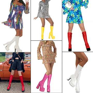 MeiLuSi GO GO Boots Knee High Boots for Women White Heels Disco Boots 70s Platform Boots Wide Calf Booties Costume Halloween Dress Shoes Size 7