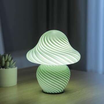CometMars Mushroom Lamp, Small Green Table Lamp with Striped Glass, Cute Little Swirl Sage Green Nightstand Lamp for Bedroom Bedside Dorm Living Kitchen, Aesthetic Ambient Lamp for Home Decor Gift
