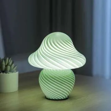 CometMars Mushroom Lamp, Small Green Table Lamp with Striped Glass, Cute Little Swirl Sage Green Nightstand Lamp for Bedroom Bedside Dorm Living Kitchen, Aesthetic Ambient Lamp for Home Decor Gift
