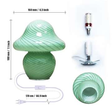 CometMars Mushroom Lamp, Small Green Table Lamp with Striped Glass, Cute Little Swirl Sage Green Nightstand Lamp for Bedroom Bedside Dorm Living Kitchen, Aesthetic Ambient Lamp for Home Decor Gift
