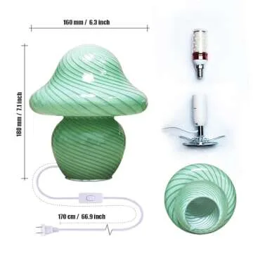 CometMars Mushroom Lamp, Small Green Table Lamp with Striped Glass, Cute Little Swirl Sage Green Nightstand Lamp for Bedroom Bedside Dorm Living Kitchen, Aesthetic Ambient Lamp for Home Decor Gift