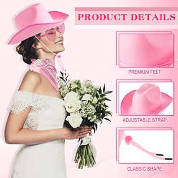 4 Sets Cowboy Hats with Bandana for Halloween Cosplay Costume Cowgirl Hat for Wedding Bride Bridesmaid Men Women, Pink, White