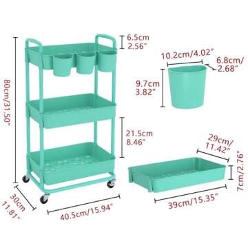 JIUYOTREE 3-Tier Plastic Rolling Storage Cart Utility Cart with Extra Hanging Cups Handles Lockable Wheels for Living Room Bathroom Kitchen Office Green