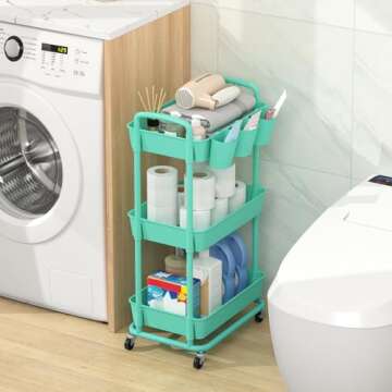 JIUYOTREE 3-Tier Plastic Rolling Storage Cart Utility Cart with Extra Hanging Cups Handles Lockable Wheels for Living Room Bathroom Kitchen Office Green