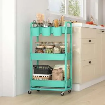 JIUYOTREE 3-Tier Plastic Rolling Storage Cart Utility Cart with Extra Hanging Cups Handles Lockable Wheels for Living Room Bathroom Kitchen Office Green