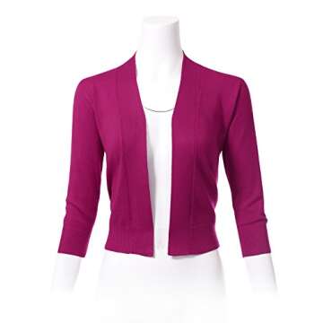 Allsense Women’s 3/4 Sleeve Open Front Cropped Bolero Shrug Cardigan Lightweight Knit for Work & Casual Wear, Hot Pink, Small
