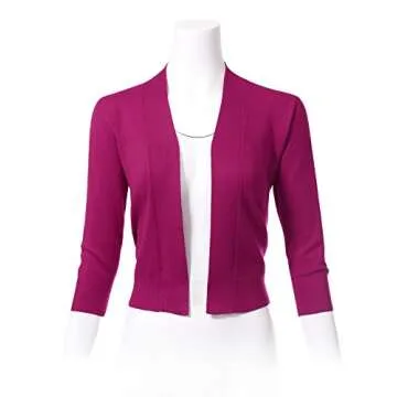 Allsense Women’s 3/4 Sleeve Open Front Cropped Bolero Shrug Cardigan Lightweight Knit for Work & Casual Wear, Hot Pink, Small