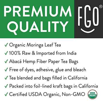 FGO Organic Moringa Tea, 100 Count, Eco-Conscious Tea Bags, Resealable Bag, Caffeine Free, Packaging May Vary (Pack of 1)
