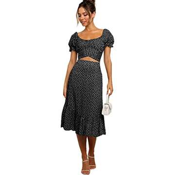 LYANER Women's 2 Piece Outfits Floral Self Tie Knot Crop Top and Midi Skirt Set Black Large
