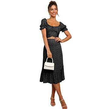 LYANER Women's 2 Piece Outfits Floral Self Tie Knot Crop Top and Midi Skirt Set Black Large