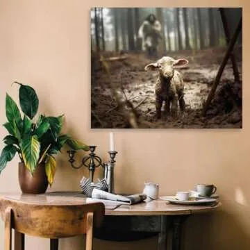 Jesus and Lamb Canvas Wall Art Jesus Running After Lost Lamb Picture Wall Art Canvas Print Christian Home Decor 20x16 inch