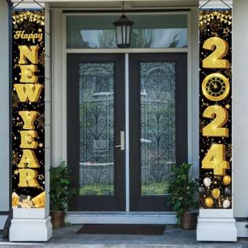 Happy New Year Door Banner, Happy New Year Banner 2024 Porch Sign, Black Gold Happy New Year Door Si...