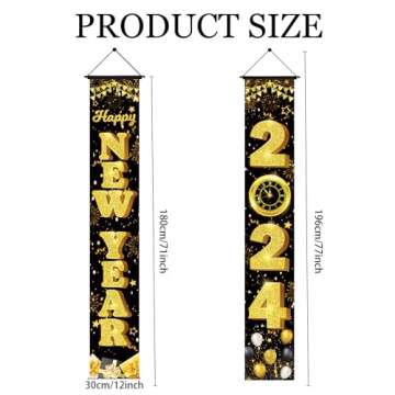 Happy New Year Door Banner, Happy New Year Banner 2024 Porch Sign, Black Gold Happy New Year Door Sign for Nye Decorations 2024, Happy New Year Door Decorations for Indoor Outdoor tineit