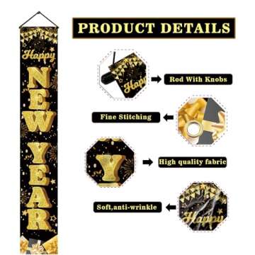 Happy New Year Door Banner, Happy New Year Banner 2024 Porch Sign, Black Gold Happy New Year Door Sign for Nye Decorations 2024, Happy New Year Door Decorations for Indoor Outdoor tineit