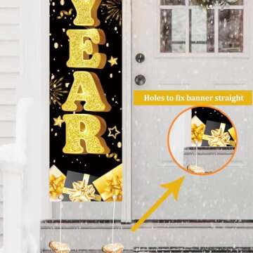 Happy New Year Door Banner, Happy New Year Banner 2024 Porch Sign, Black Gold Happy New Year Door Sign for Nye Decorations 2024, Happy New Year Door Decorations for Indoor Outdoor tineit