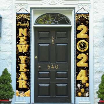 Happy New Year Door Banner, Happy New Year Banner 2024 Porch Sign, Black Gold Happy New Year Door Sign for Nye Decorations 2024, Happy New Year Door Decorations for Indoor Outdoor tineit