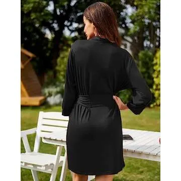 HOTOUCH Women's Short Robe Knit Lightweight Bathrobe Soft Cute Robes Ladies Lounge Robes Sleepwear Black XXL